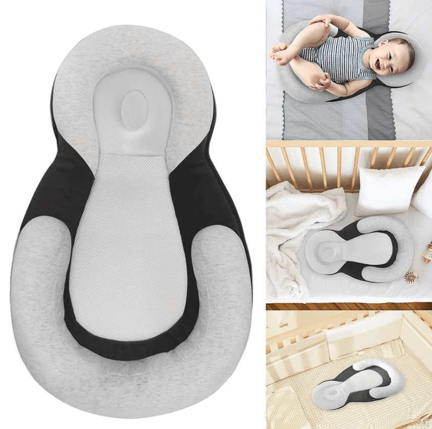 Ergonomikus, hordozható babaágy fejtámasszal a laposfejűség ellen – alvókokon