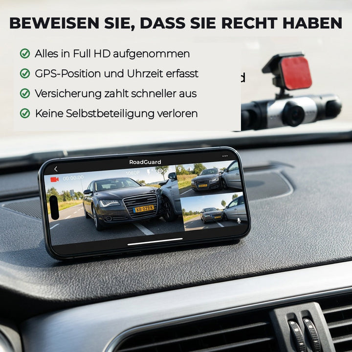 Műszerfalon álló telefon mutatja az autókamera felvételét két összeütköző autóról, a háttérben a szélvédőre szerelt kamera látszik. 5