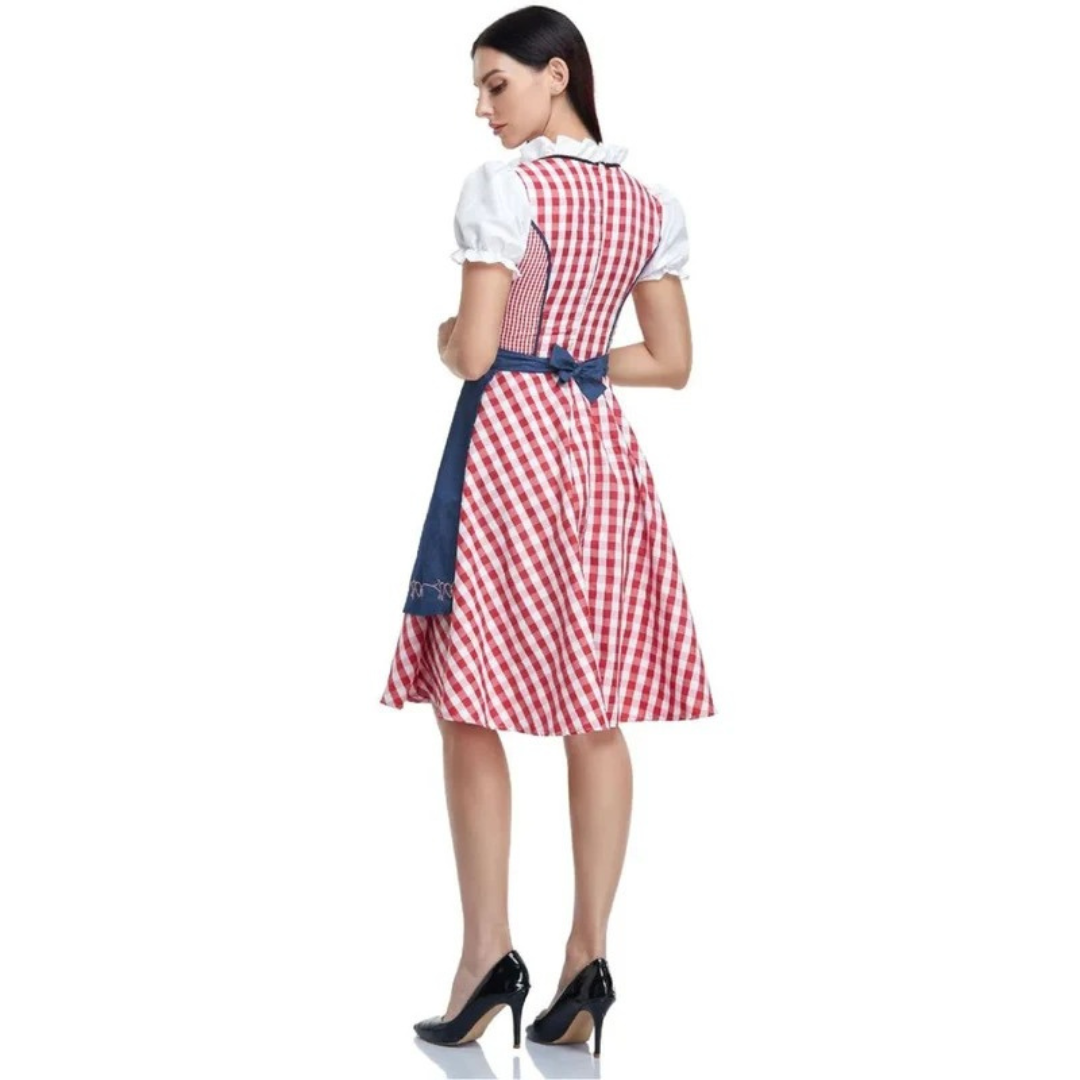 Hátulnézet: piros-fehér kockás dirndl hátoldala, kék kötény masniba kötött pántjával és fehér buggyos ujjú blúzzal. 8
