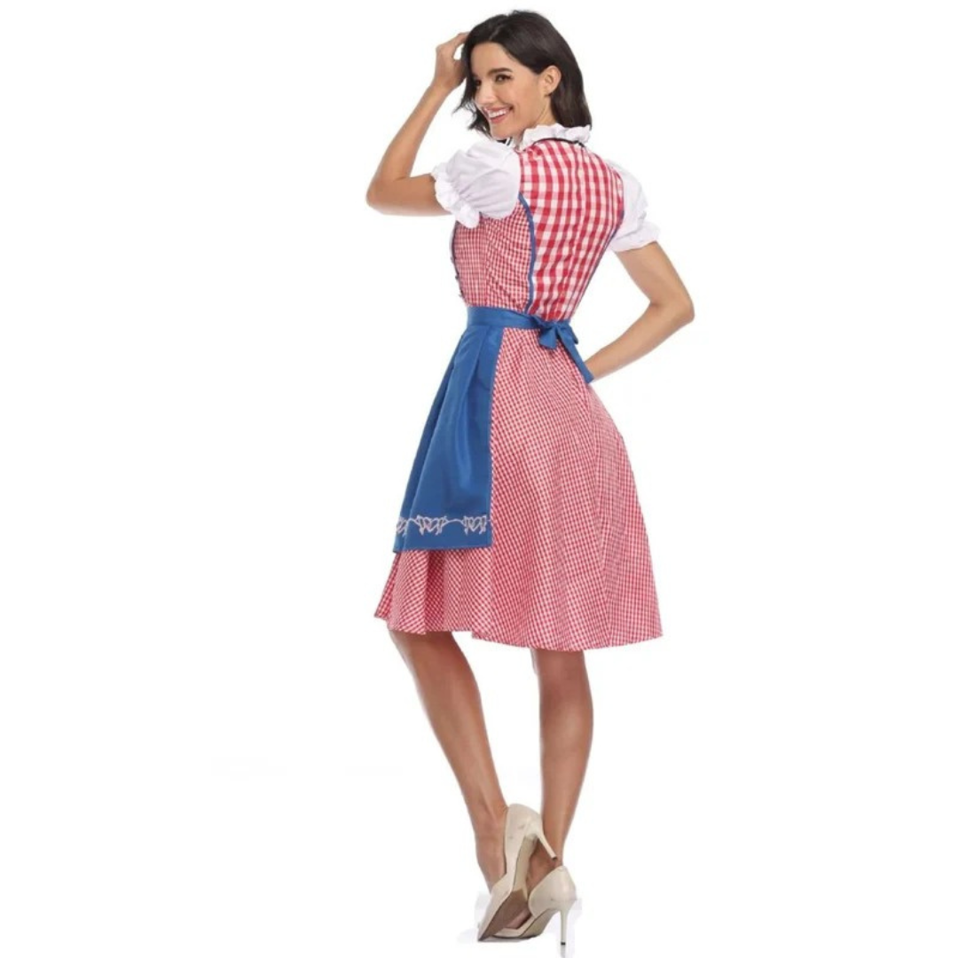 Hátulnézet vállra pillantó modellel: rózsaszín kockás dirndl hátoldala, kék kötény masnival és fehér fodros ujjú blúz. 9
