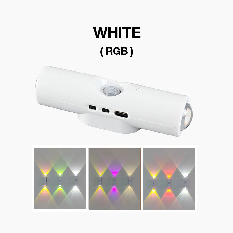 Fehér hengeres lámpa közelről, alatta a falra vetített többszínű RGB fények három változatban 2
