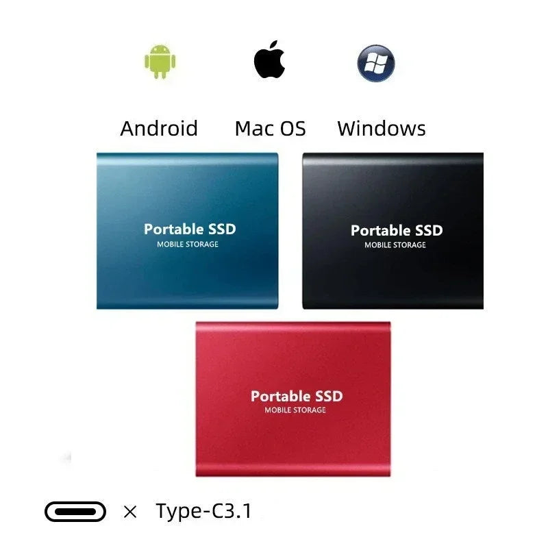 Kék, fekete és piros külső SSD egymás mellett, felettük az Android, Mac és Windows rendszerek ikonjai, alul C típusú csatlakozó jelzése. 2