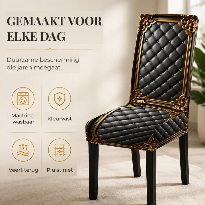 Fekete, steppelt mintájú, arany díszkeretes huzattal bevont szék oldalnézetből, mellette a huzat jellemzőit jelző ikonok. 4