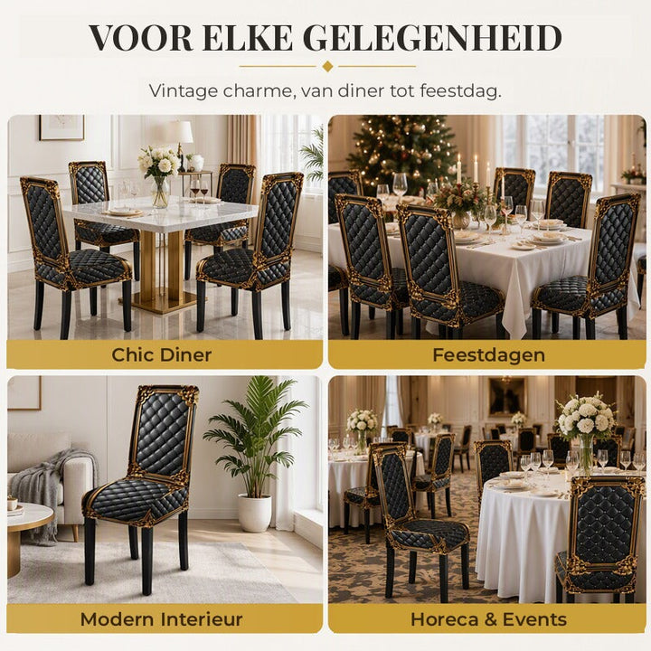 Négy képes összeállítás: a barokk mintás huzatos székek elegáns vacsorán, ünnepi asztalnál, modern lakásban és rendezvényen. 7