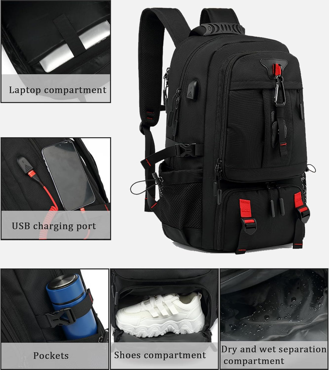 60L vízálló utazó laptop hátizsák USB porttal és cipőrekesszel