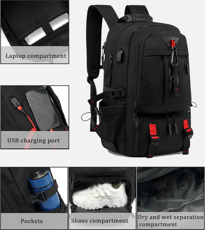 60L vízálló utazó laptop hátizsák USB porttal és cipőrekesszel