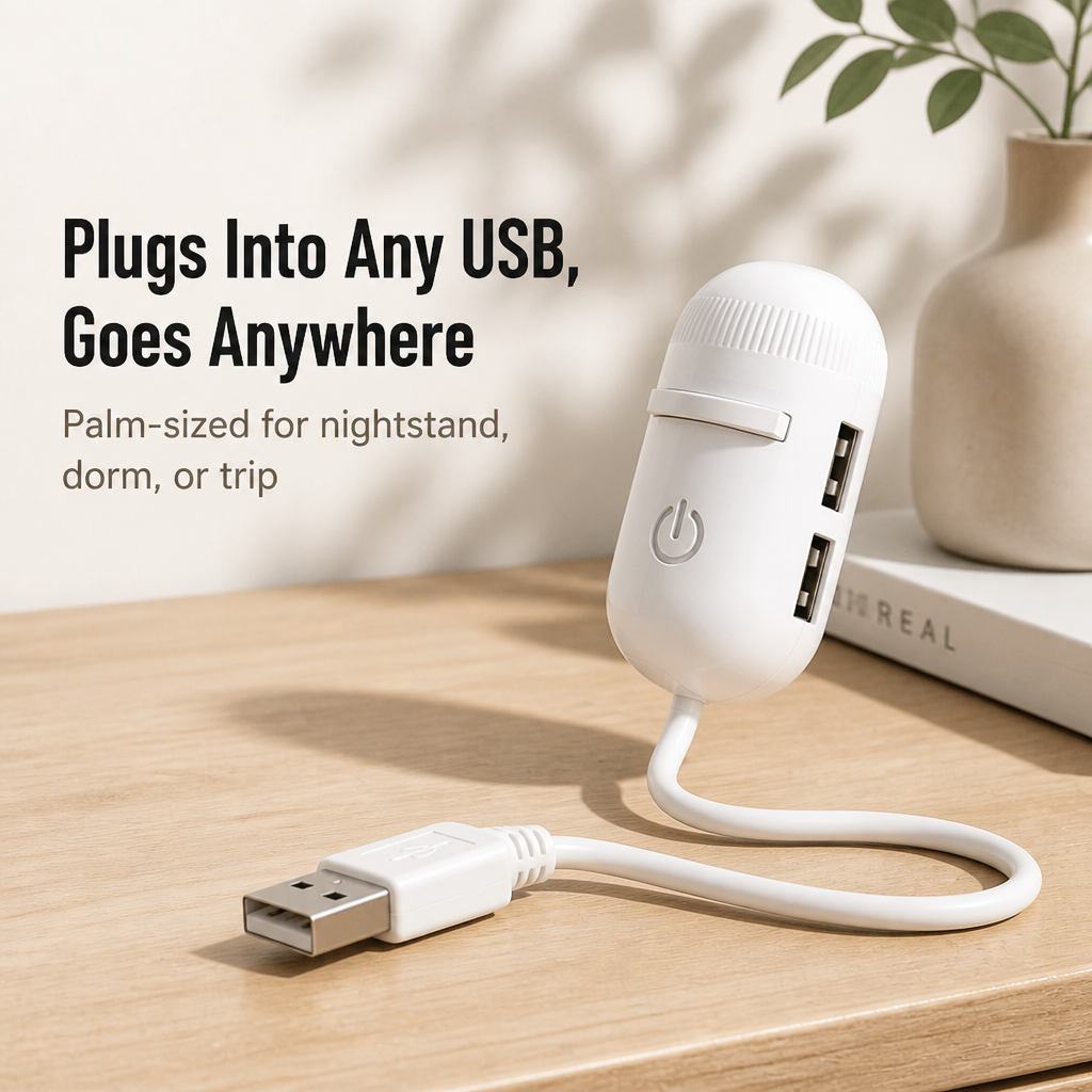 Fehér kapszula alakú lámpa két USB-aljzattal az oldalán, USB-dugós kábellel egy világos asztalon, váza és könyv mellett. 2
