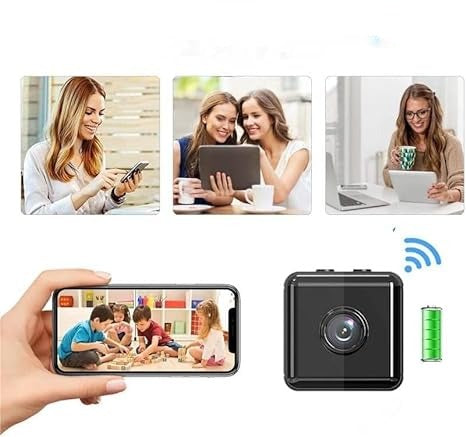 Kollázs a használatról: telefonos és laptopos emberek felül, alul a telefonon megnézett gyerekszoba képe és a kamera közeli képe wifi- és akkumulátorjellel. 3