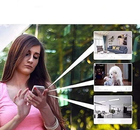 Egy nő a telefonját nézi, a képernyőről három vonal három kamerakép felé vezet: nappali, kisgyerek kutyával és iroda. 7